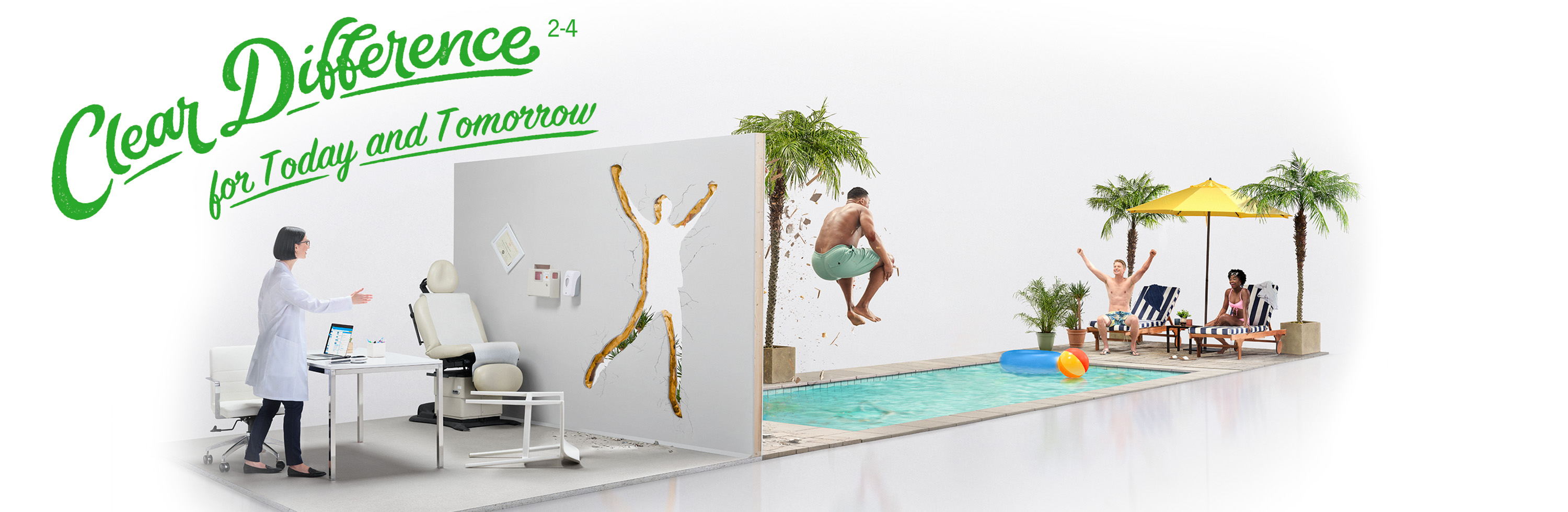 Man jumping through HCP office wall into a pool celebrating clear skin